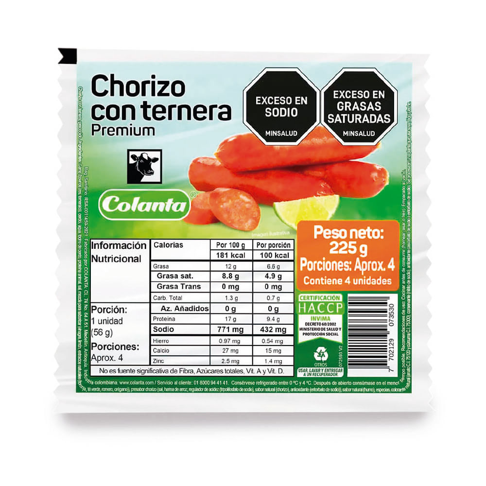 Chorizo con ternera Colanta x4und x225g