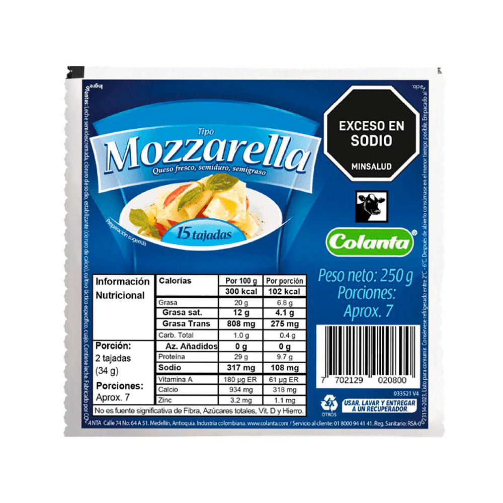 Queso mozzarella Colanta tajado x250g