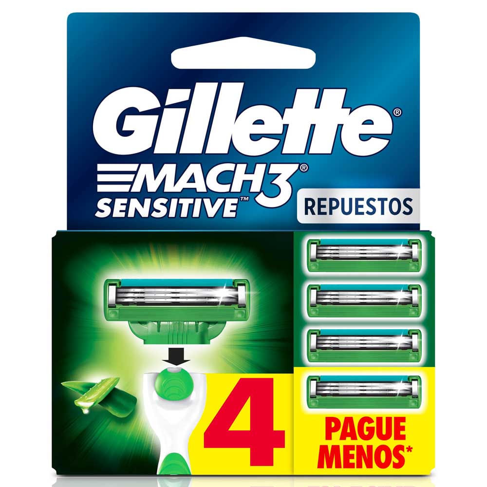 Repuestos para Cuchilla de Afeitar GILLETTE Mach 3 Sensitive Piel Sensible 4Und