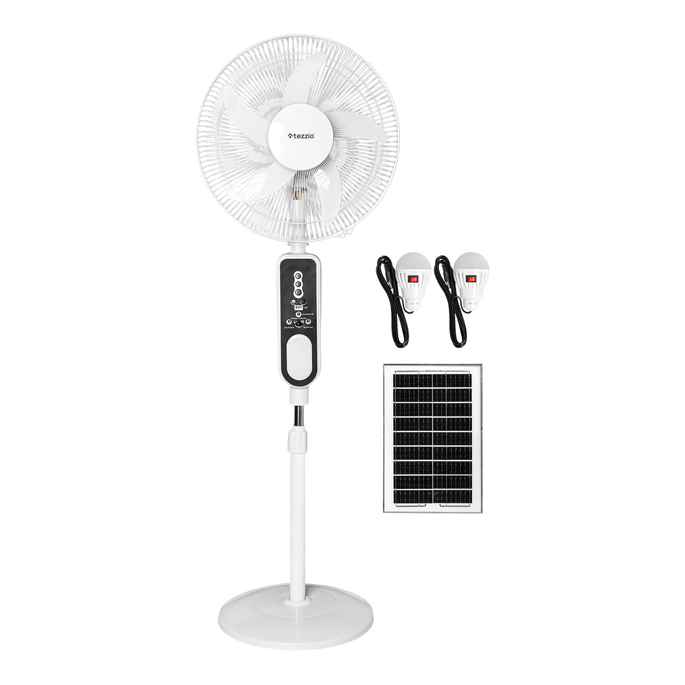 Ventilador de Piso 16” Recargable Tezzio con Panel Solar, Bombillos LED Pared