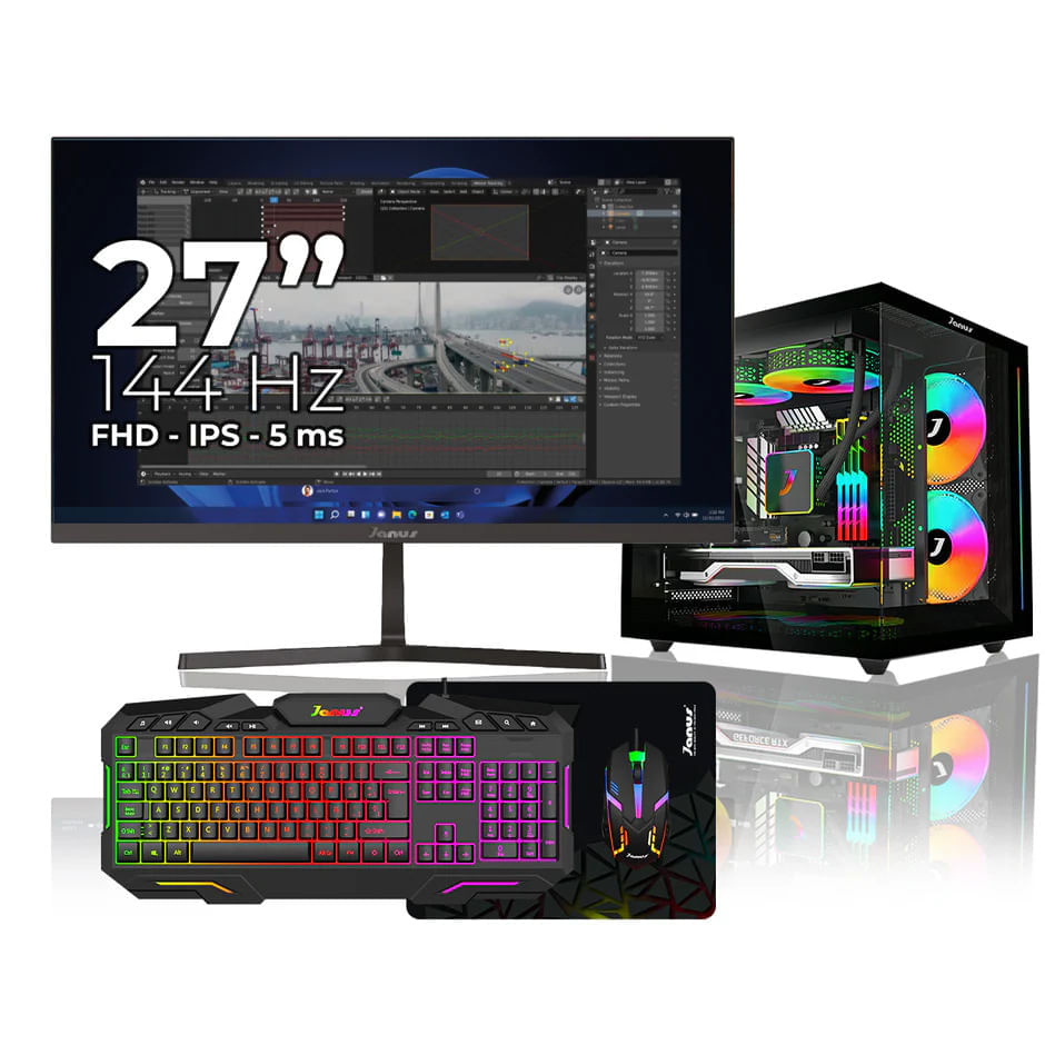 Computador Gamer Janus AMD RYZEN 5 8500G MEMORIA RAM 16GB RGB DDR5 SSD 512GB SATA Board A620M-HDV-M2 FUENTE Janus 400W Monitor 27" 144hz Windows Prein