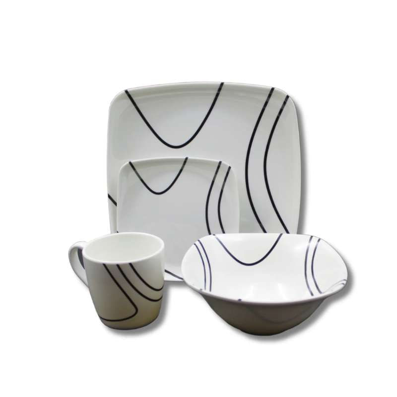 VAJILLA EN MELAMINA PRIMAVERA BLANCA DISEÑO LINEAS NEGRAS