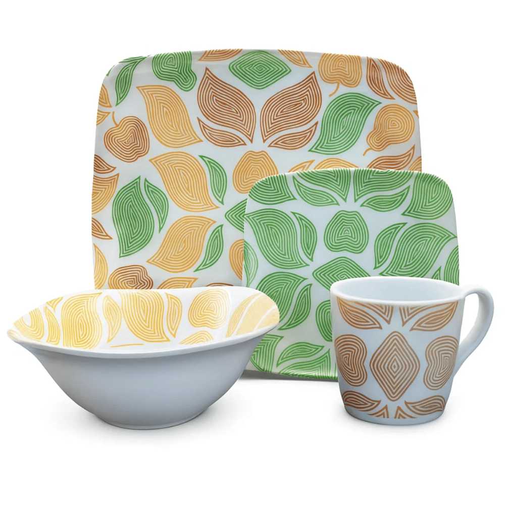 VAJILLA EN MELAMINA PRIMAVERA DISEÑO HOJAS OTOÑO BORDE CUADRADO 1