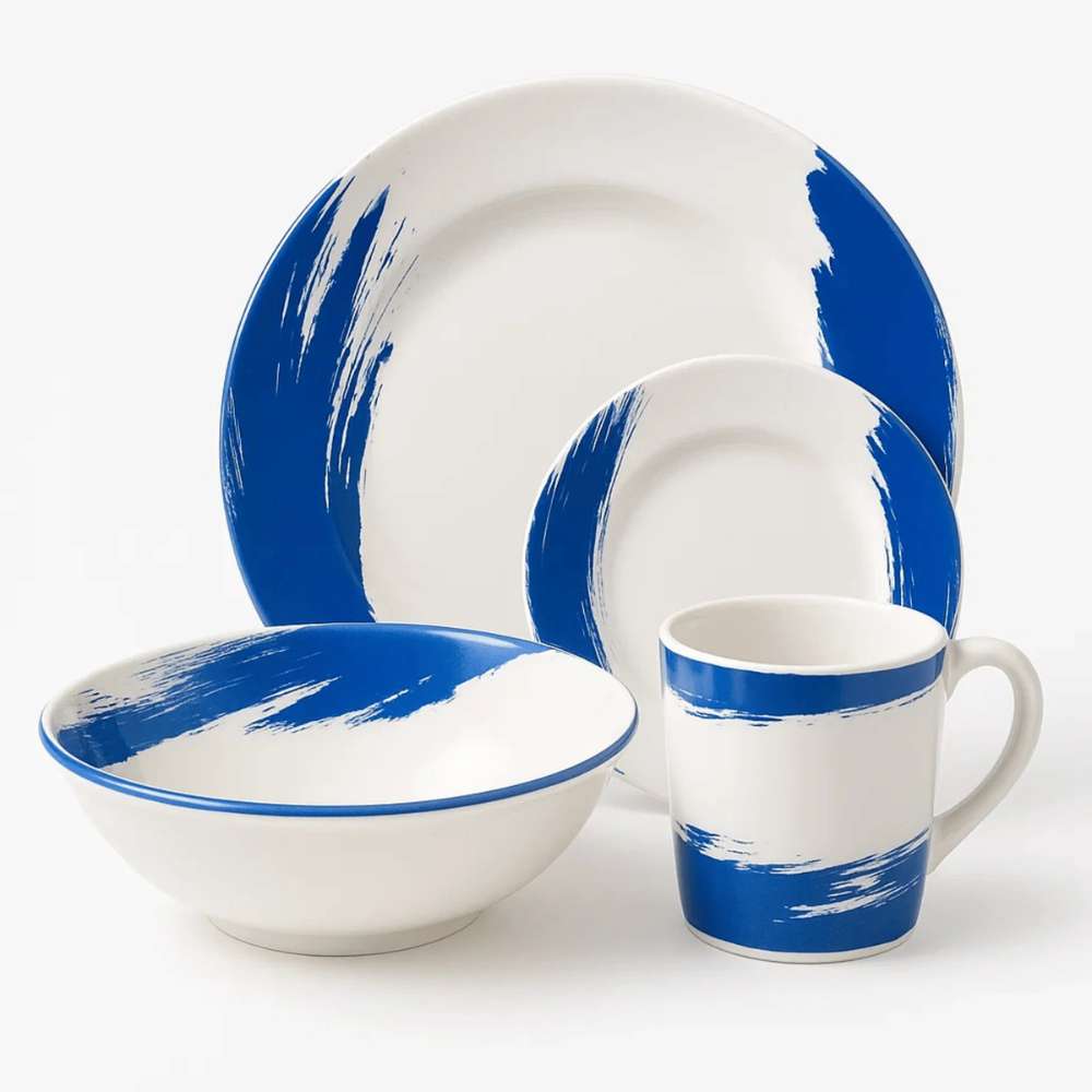 Vajilla en Melamina Clásica Blanca con Pinceladas Azules – 16 Pie