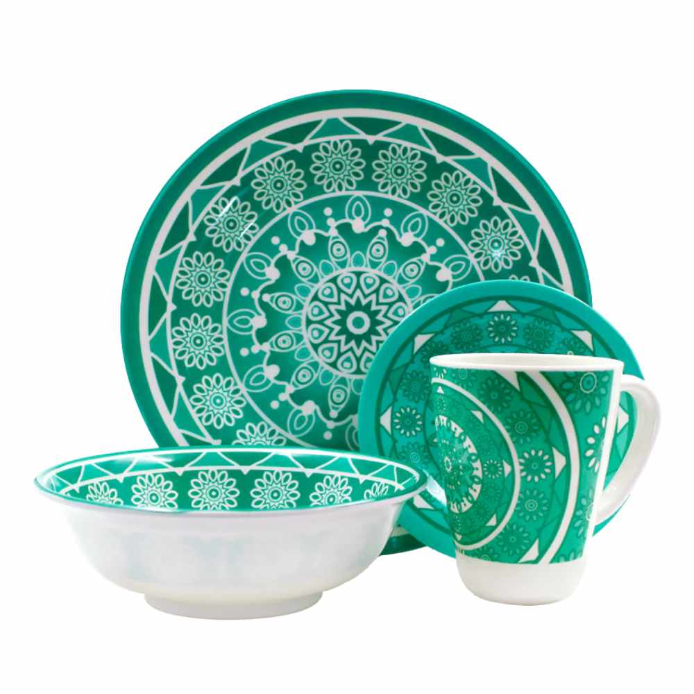 Vajilla 16 Piezas Melamina Verde Redonda con Diseño Blanco