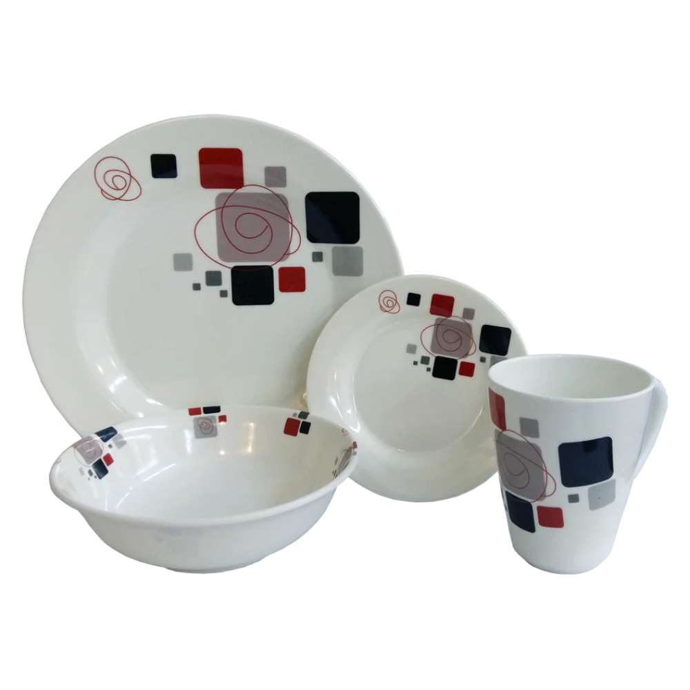 VAJILLA CLASICA EN MELAMINA CON DISEÑO DE CUADROS