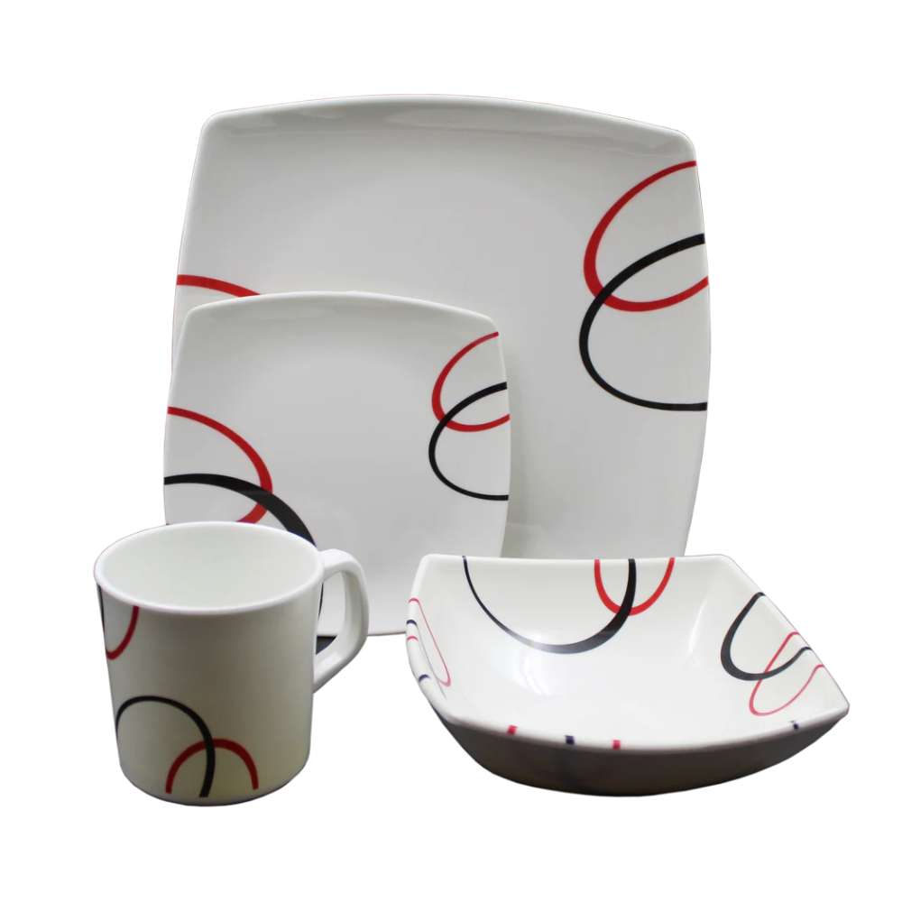 VAJILLA EN MELAMINA BLANCA CON DISEÑO ONDAS ROJAS Y NEGRAS