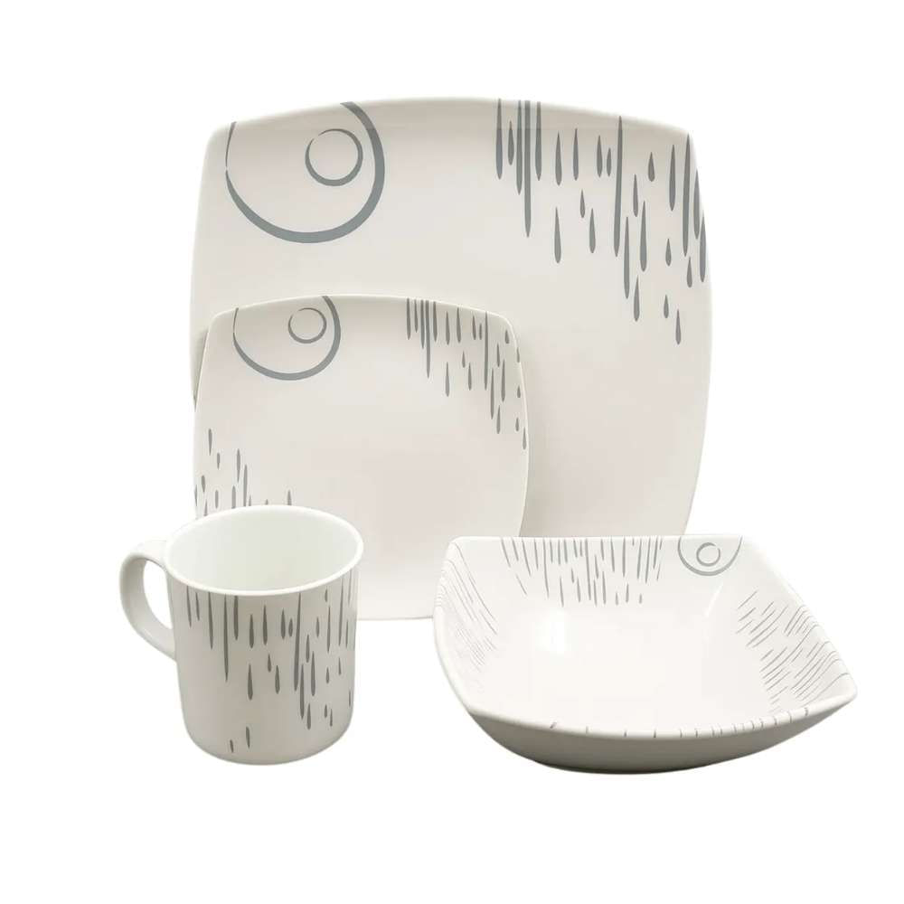 VAJILLA EN MELAMINA ASTER BLANCA CON DISEÑO GRIS