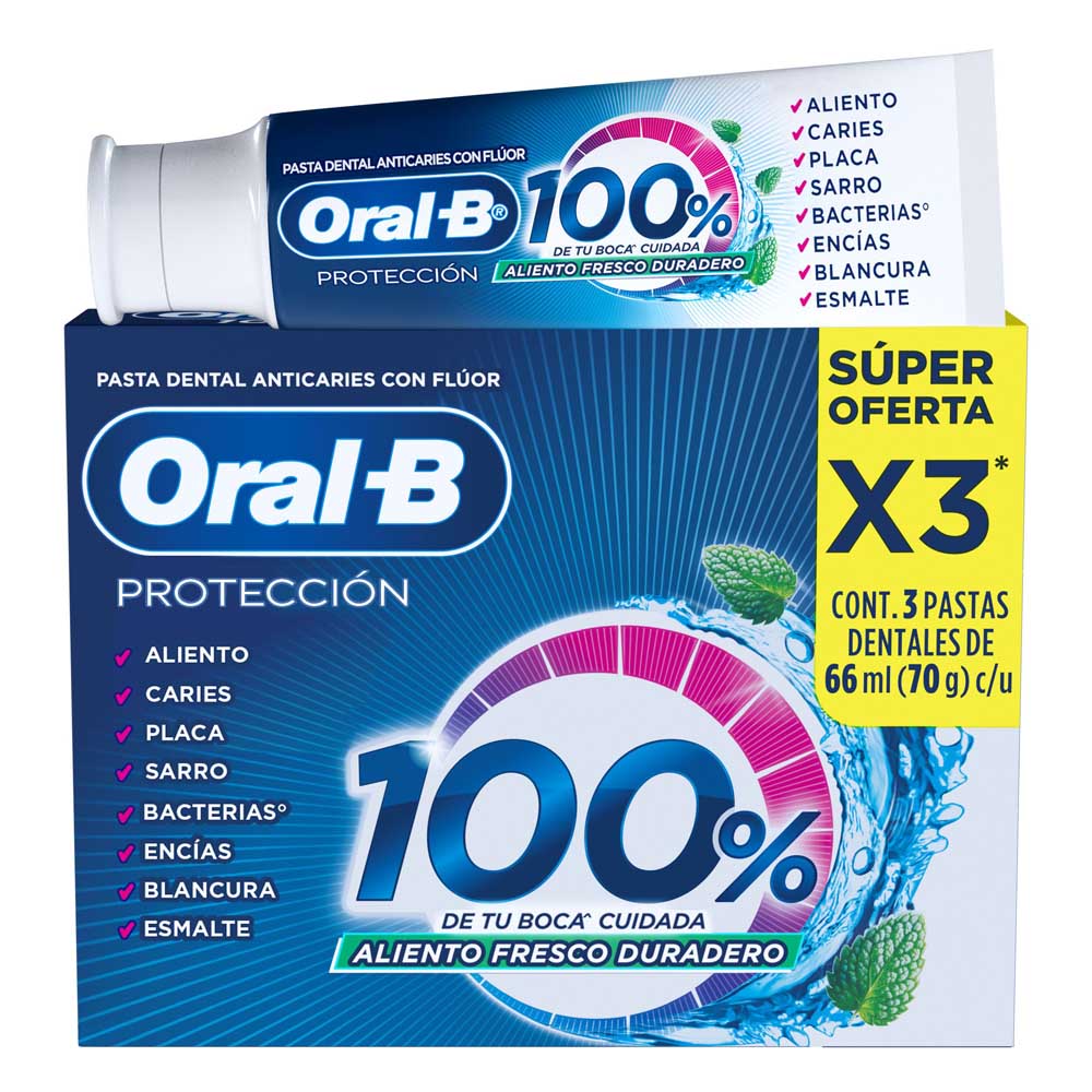 Pasta Dental Oral-B Protección 100% de tu Boca* Cuidada 3 Und de 66 mL