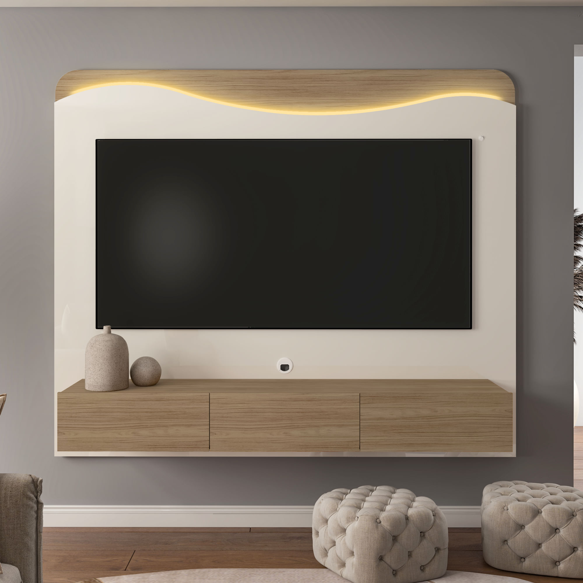 Mueble para Tv hasta 75" 168x200x37 Roble miel y offWhite
