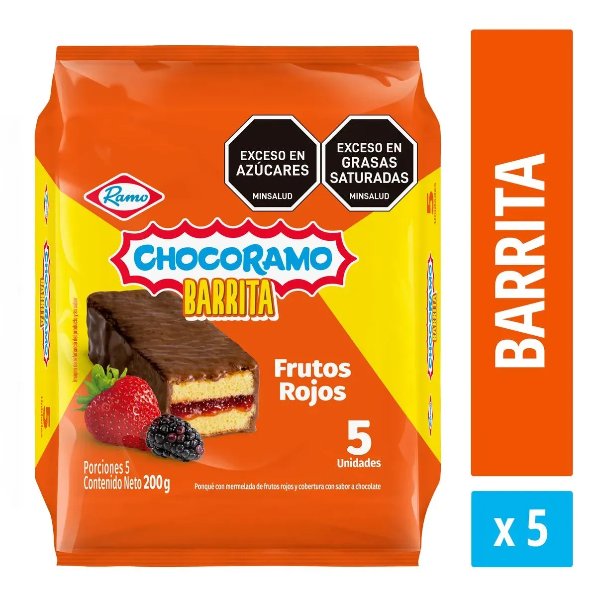 Imagen de Ponqué Chocorramo Frutos Rojos Barrita 200 G X5 Unds PONQ RAMO CHOC BARRA 5 UND 200 g